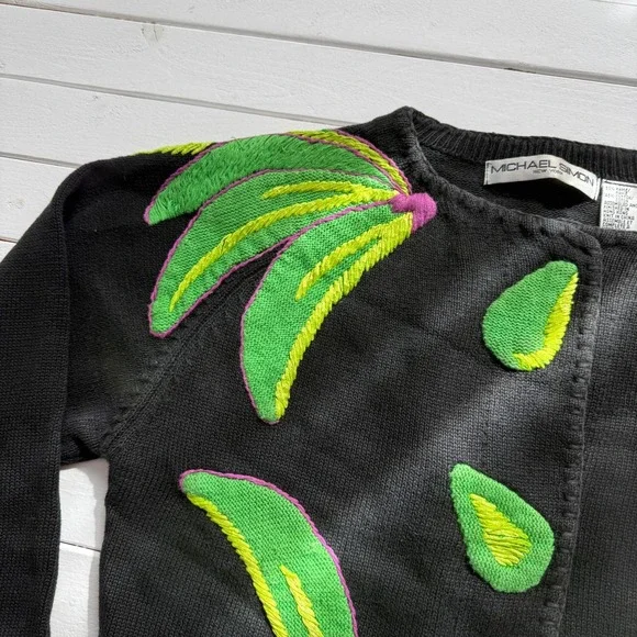 vtg Michael Simon green bananas embroidered black cardigan sweater